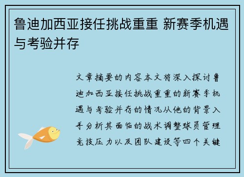 鲁迪加西亚接任挑战重重 新赛季机遇与考验并存
